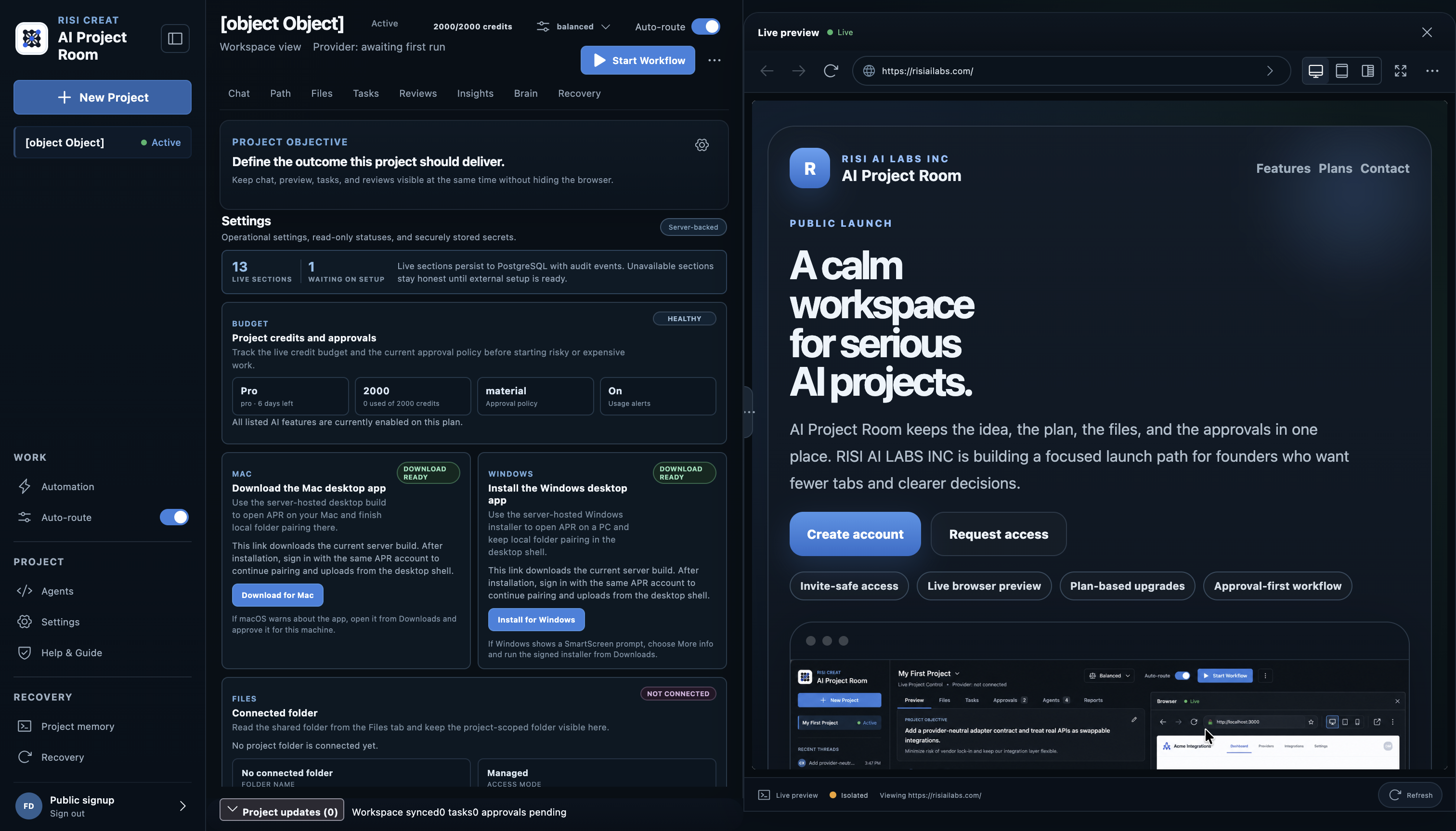 AI Project Room workspace with project controls and a live browser preview